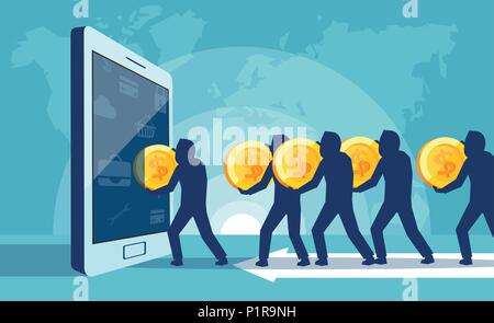 Concept vector illustration of people carrying coins into tablet spending money on useless trend. Stock Vector