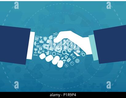 Vector illustration of a businessmen handshake with elements and icons of finance and corporate life tools Stock Vector