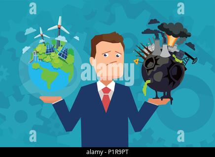 Flat design vector of a man holding healthy and prosperous earth in comparison with damaged planet making choice. Stock Vector