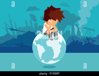 Concept illustration of unhappy abandoned boy sitting on globe and suffering from climate change and war and global problems. Stock Vector