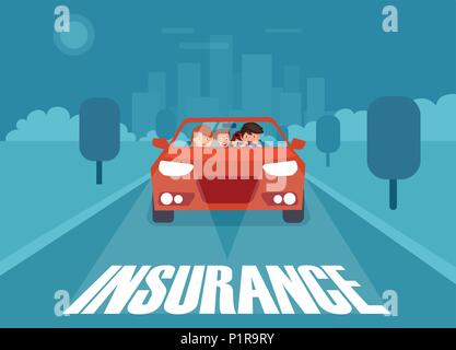 Vector of happy family riding car on road with word Insurance below being in safety. Stock Vector