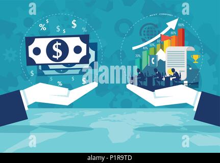 Flat design of crop hands showing increasing chart and money income in charts. Stock Vector