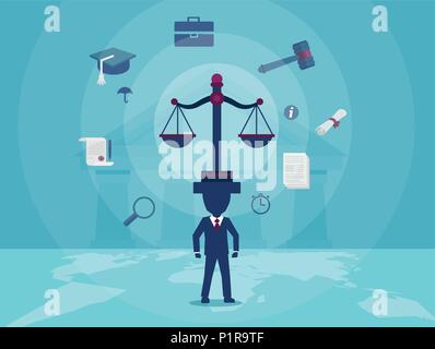 Concept vector illustration of judge with scale taking care of justice judgement. Stock Vector