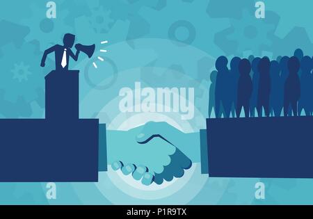 Vector illustration of election process and politician sending speech to friendly crowd. Stock Vector