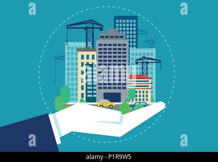 Flat design of business hand holding set of modern real estate and building for future investment. Stock Vector