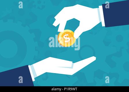 Businessman gives man a gold coin. Transfer of cash from hand to hand. Financial concept of borrowing money Stock Vector