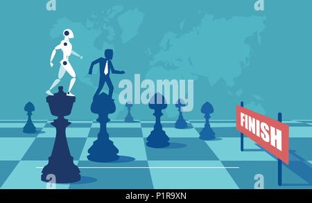 Vector illustration of robot and man on chess pieces playing game on board reaching finish in rivalry. Stock Vector