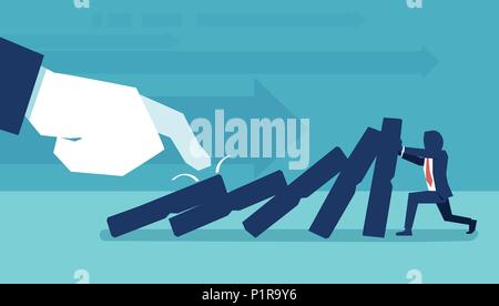 Concept vector of hand pulling domino against man trying to stop falling and preventing conflict. Stock Vector
