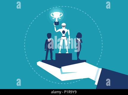 Concept illustration with robot having first place being better then human in competition. Stock Vector