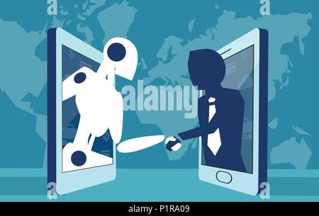 Concept flat design vector of man and robot shaking hands in agreement. Stock Vector