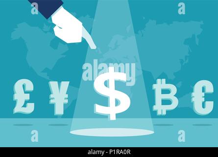 Hand of businessman pointing at dollar among euro, bitcoin dollar yen and pound sterling sign Stock Vector
