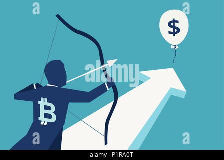 Vector concept design of man with bitcoin symbol aiming at dollar for exchange Stock Vector