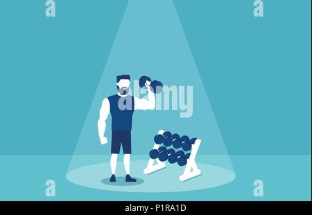 Vector picture of sportive man lifting dumbbells and working out in gym on blue background Stock Vector