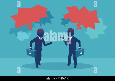 Flat style of two businessman having debates during meeting with red speech bubbles on blue background Stock Vector