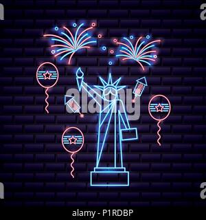 american independence day balloons statue of liberty neon fireworks rockets vector illustration Stock Vector