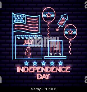 american independence day calendar neon balloons flag usa traditional hat vector illustration Stock Vector