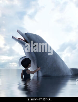 boy with a dolphin,3d illustration Stock Photo