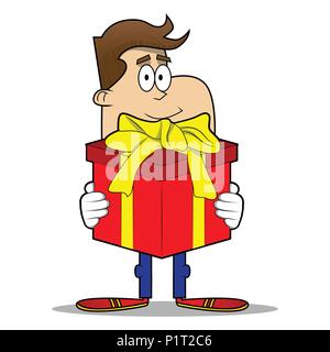 Simple retro cartoon of a businessman holding big gift box. Vector cartoon illustration. Stock Vector