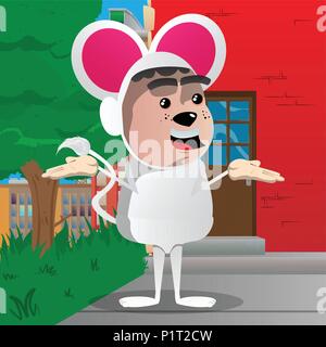 Boy dressed as mouse shrugs shoulders expressing don't know gesture. Vector cartoon character illustration. Stock Vector