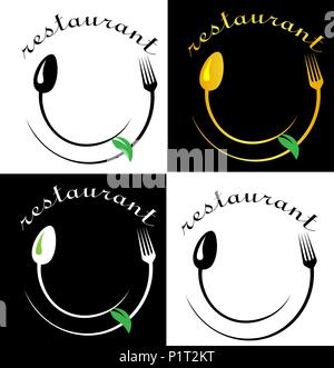 face from a spoon and fork with a salad leaf restaurant minimalist logo Stock Vector