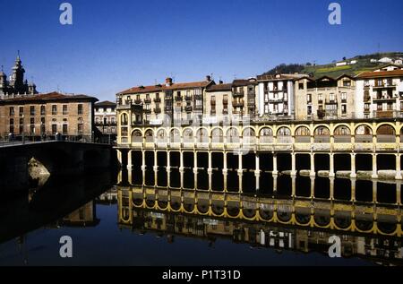 Tolosa, Oria river and house façades. Stock Photo