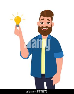 Young man is holding  lighting bulb. Innovation and inspiration. Concept illustration in cartoon style. Stock Vector