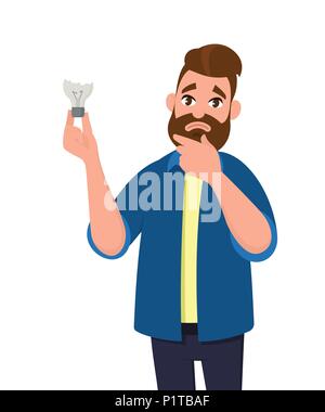 Man is holding broken bulb/damaged bulb. Feeling sad. No idea. Broken light bulb. Stock Vector