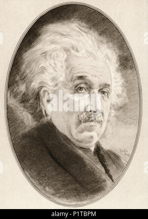 Albert Einstein, 1879 – 1955.  German-born theoretical physicist who developed the theory of relativity.  Illustration by Gordon Ross, American artist and illustrator (1873-1946), from Living Biographies of Great Scientists. Stock Photo