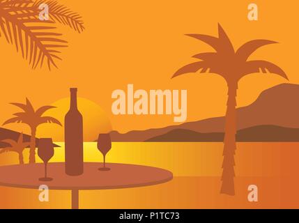 Table with wine bottle and two glasses, on a beach with palm trees, under an orange sky with the setting sun - vector Stock Vector
