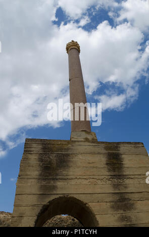 Antique column on the site of the Roman baths in Carthage, Tunisia. Bottom view. Stock Photo