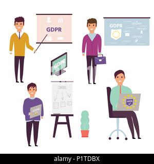 European General Data Protection Regulation. GDPR concept with character. General rules and ideas of protection and control personal data. Vector illu Stock Vector