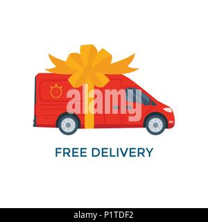Flat style vector illustration delivery service concept sticker. Truck with box container isolated on white background, free shop shipping. Vector fla Stock Vector