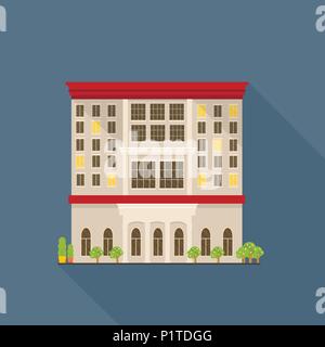 Flat vector icon with expensive luxury hotel, detailed accommodation building facade with long shadow. Travel and tourism concept Stock Vector