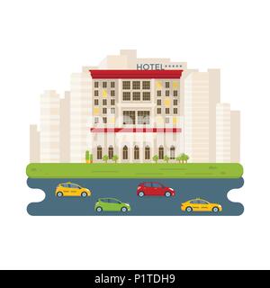 Expensive luxury hotel in the city, flat vector motel building on street road with cars, town landscape, front view cityscape. Travel and tourism conc Stock Vector