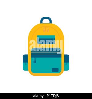 Flat vector icon of backpack isolated on white background. Vector Back to school background with stationery. Office accessories. Stock Vector