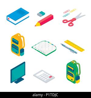 Isometric 3d school supplies set with comruler, calculator, book, notebook, pen, backpack, scissors, eraser and ruler. Vector Back to school backgroun Stock Vector