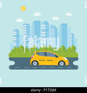 Banner with the machine yellow cab in the city. Public taxi service concept. Cityscape on the background. Flat vector illustration. Stock Vector