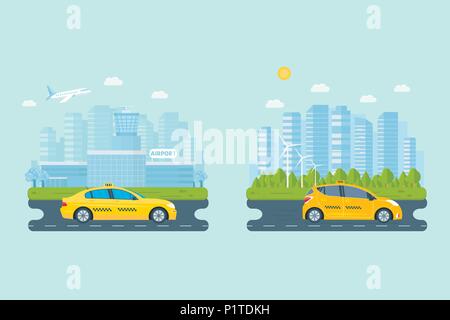 Banner with the machine yellow cab in the city. Public taxi service concept. Cityscape, airport on the background. Flat vector illustration. Stock Vector