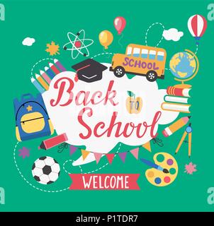 Banner welcome Back To School With different Flat Icons. Education Concept.Vector Illustration. Stock Vector