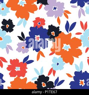 Bold bright graphic large flowers and leaves on white background. Colourful graphic large scale floral vector seamless pattern. Stylized retro print. Stock Vector