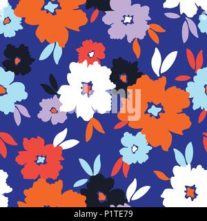 Colourful graphic large scale blooms and leaves on blue background. Bold graphic floral vector seamless pattern. Stylized retro print. Stock Vector