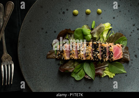 Grilled Sliced Tuna Steak in Sesame with Salad and Wasabi Sauce Stock Photo