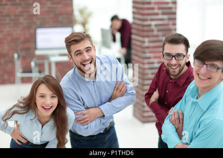 Smiling american team discussing business project during coffee  Stock Photo