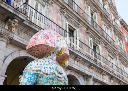 Madrid, Spain: 'La Menina Postal' by artist Luigi Rodríguez in front of Casa de la Panadería in the Plaza Mayor. The sculpture is part of the 'Meninas Stock Photo