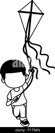 Boy flying a kite in black and white Stock Vector