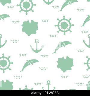 Seamless pattern with dolphins, anchors, steering wheels, waves, islands. Summer leisure. Stock Vector