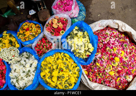 Colourful flowers and blooms for sale at Madurai Flower market, Mattuthavani, Madurai District, Tamil Nadu, India. Stock Photo