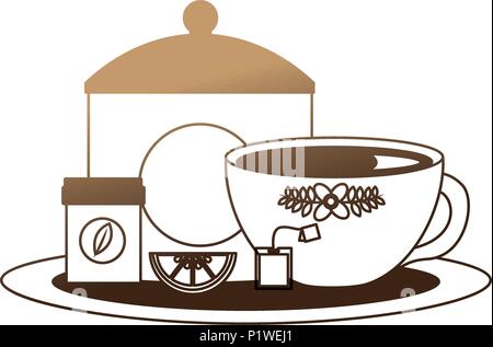 tea cup with sugar lemon and herbal teabag vector illustration neon design Stock Vector