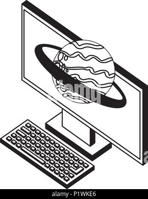 desktop computer with planet saturn isometric icon vector illustration design Stock Vector