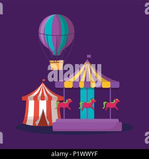 Carnival design with carousel and circus tent  icon over purple background, colorful design. vector illustration Stock Vector
